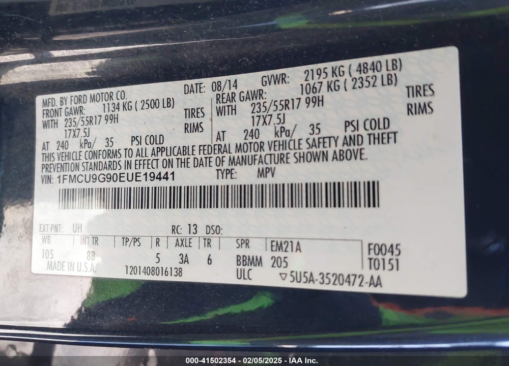 2014 FORD ESCAPE SE VIN: 1FMCU9G90EUE19441