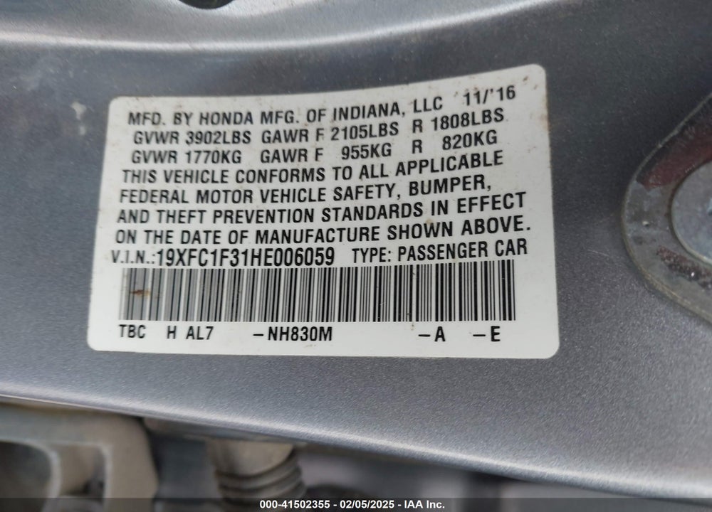 2017 HONDA CIVIC VIN: 19XFC1F31HE006059