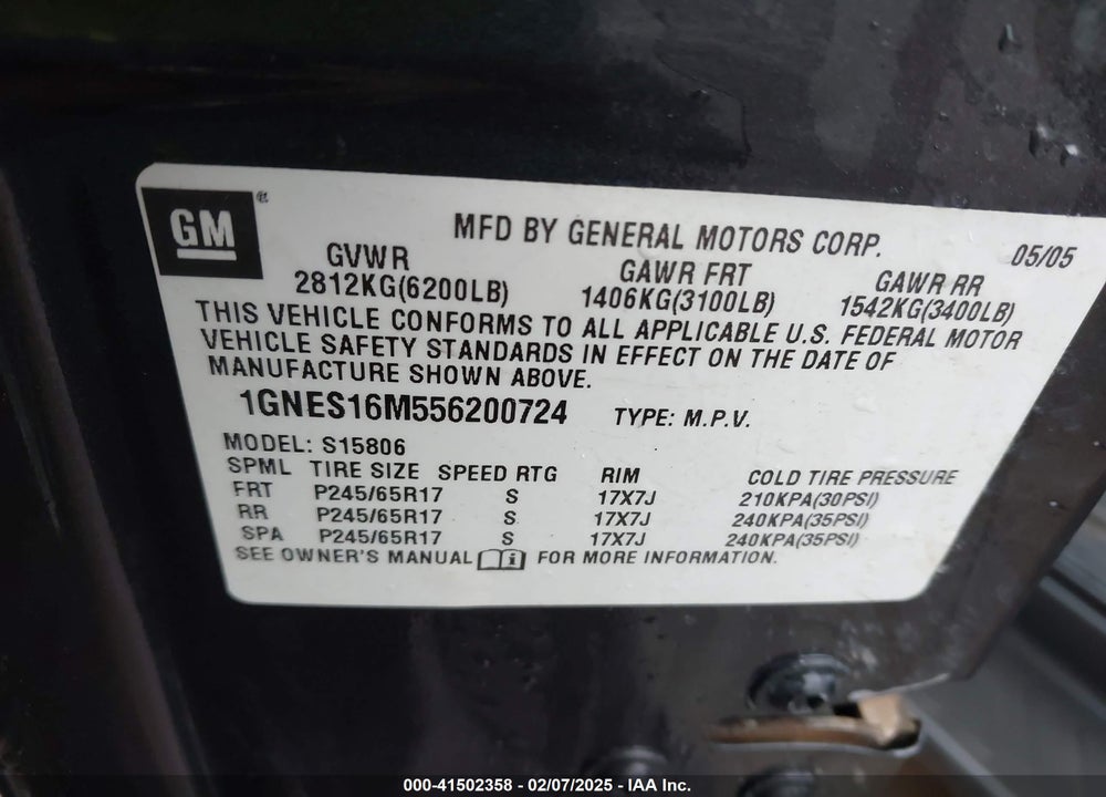 2005 CHEVROLET TRAILBLAZER EXT VIN: 1GNES16M556200724