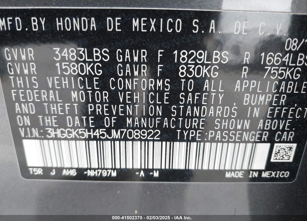 2018 HONDA FIT VIN: 3HGGK5H45JM708922