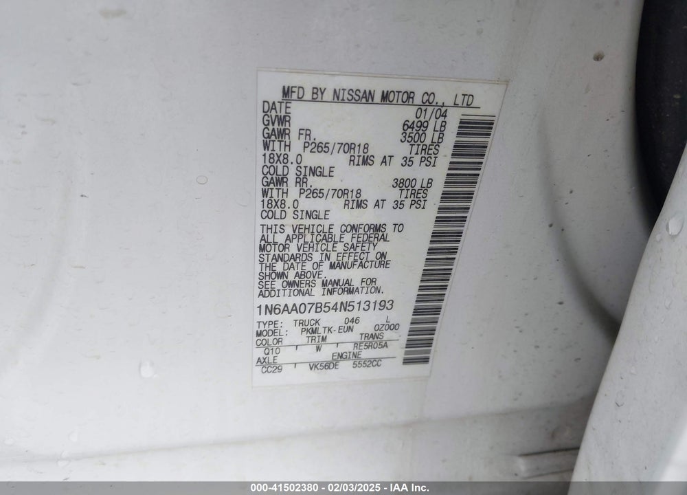 2004 NISSAN TITAN SE VIN: 1N6AA07B54N513193