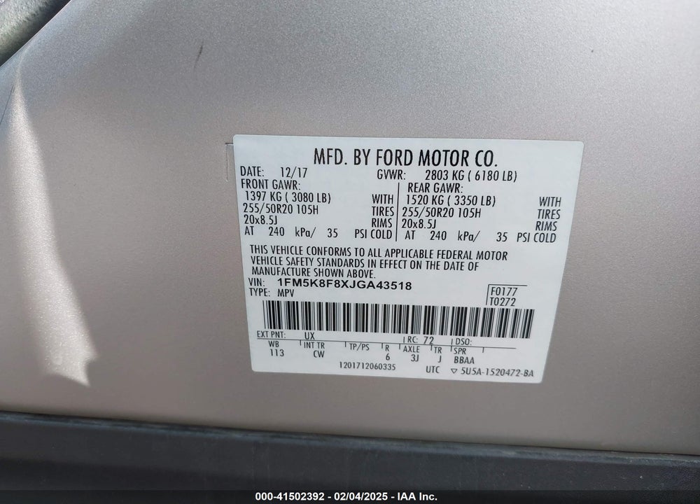2018 FORD EXPLORER LIMITED VIN: 1FM5K8F8XJGA43518