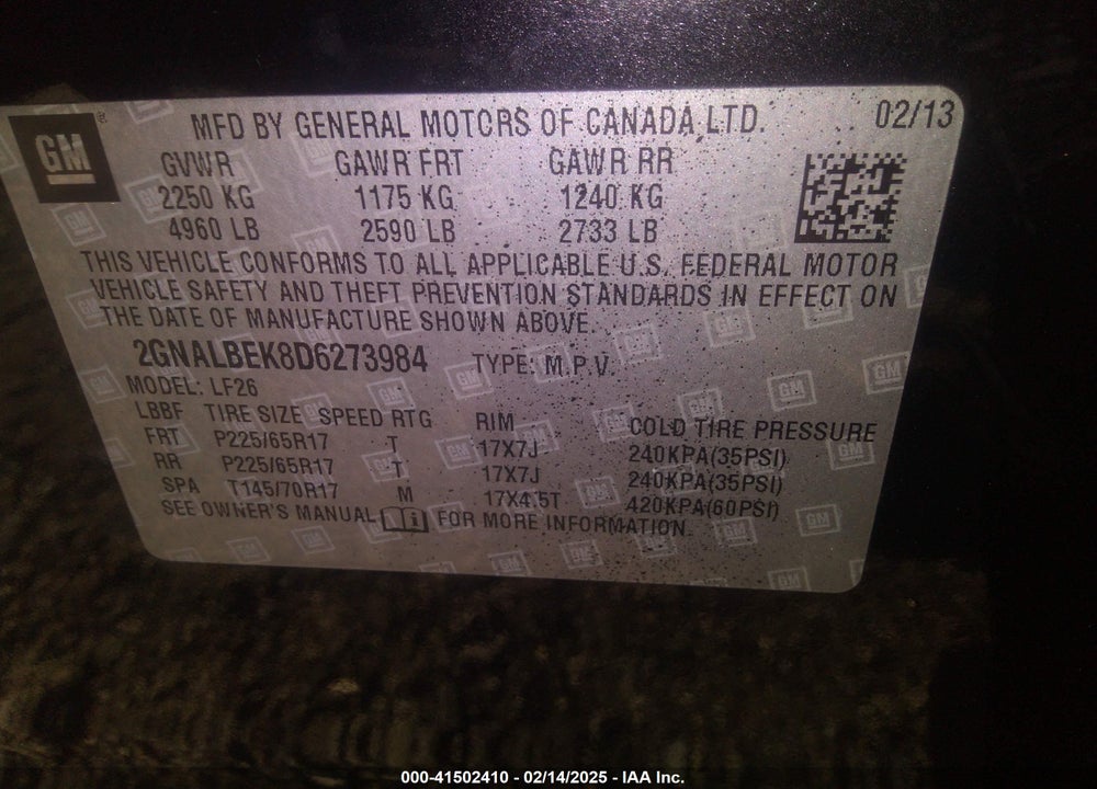 2013 CHEVROLET EQUINOX VIN: 2GNALBEK8D6273984