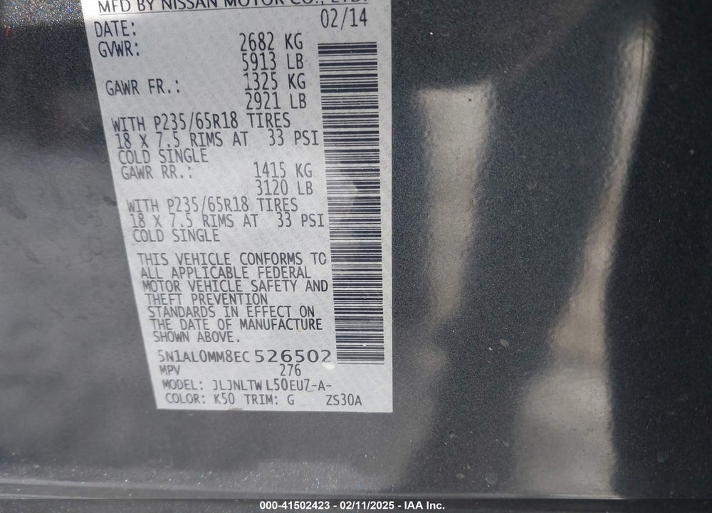 2014 INFINITI QX60 VIN: 5N1AL0MM8EC526502