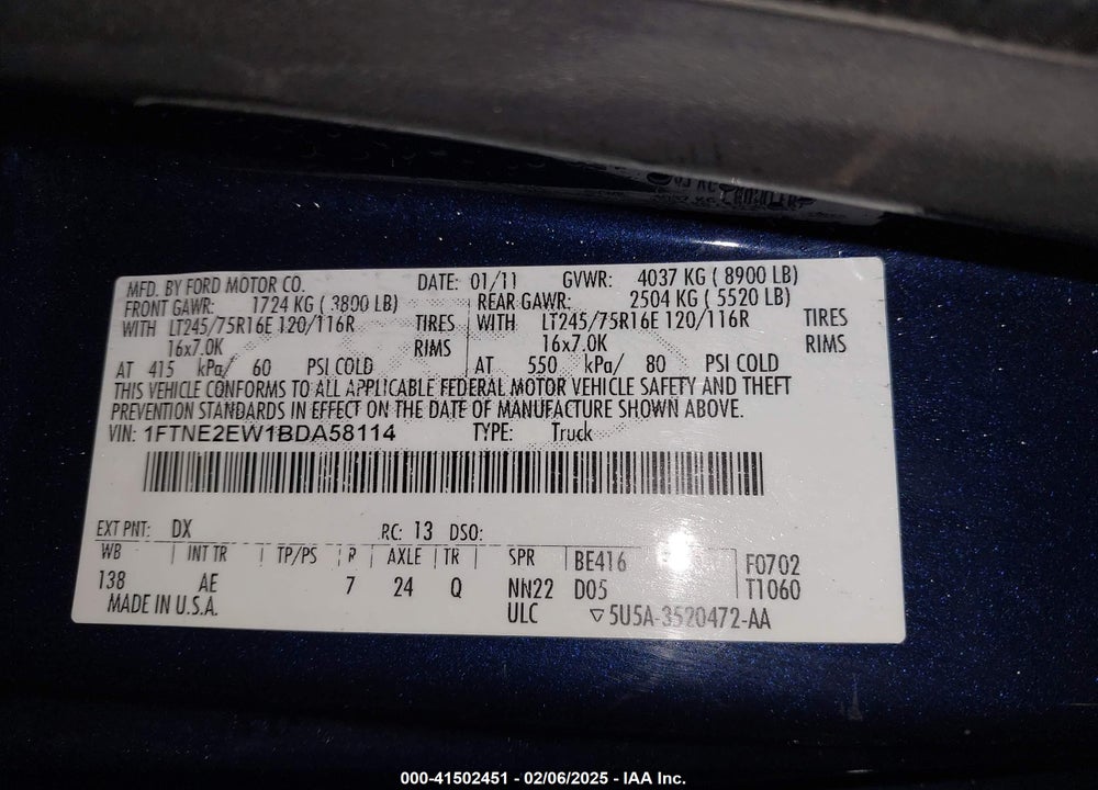 2011 FORD E-250 COMMERCIAL VIN: 1FTNE2EW1BDA58114
