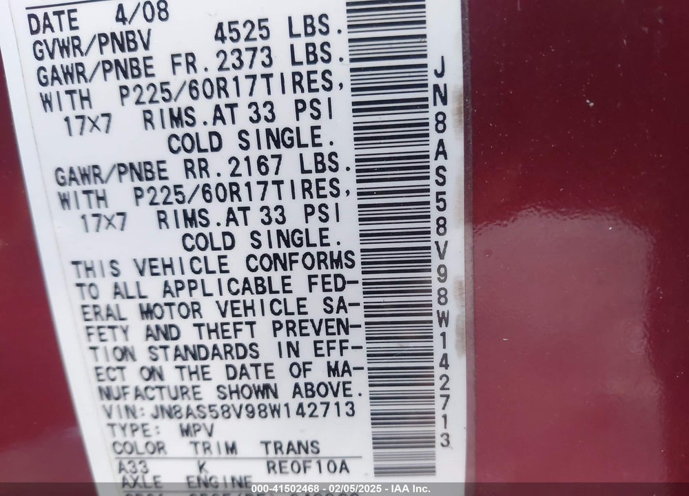 2008 NISSAN ROGUE SL VIN: JN8AS58V98W142713