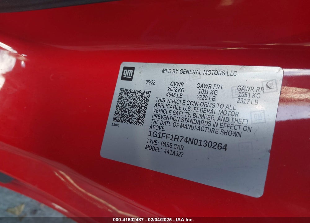 2022 CHEVROLET CAMARO VIN: 1G1FF1R74N0130264
