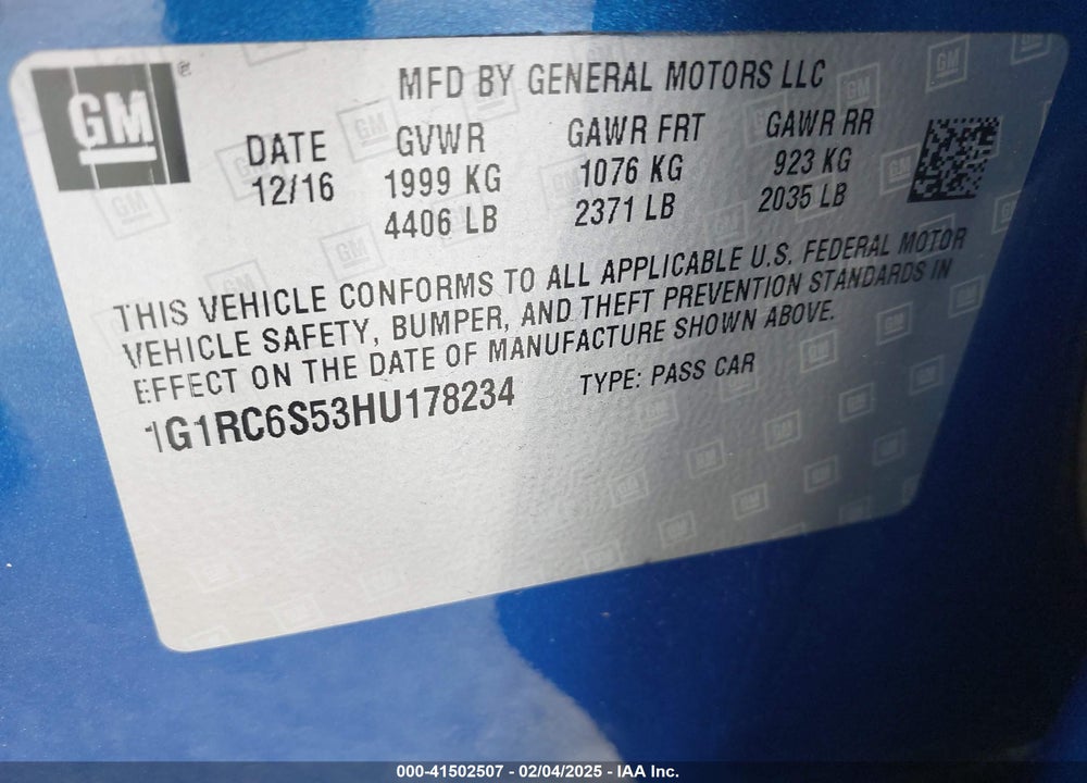 2017 CHEVROLET VOLT VIN: 1G1RC6S53HU178234
