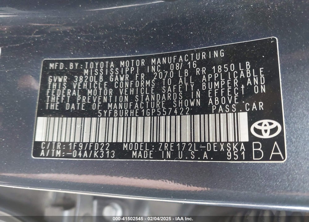 2016 TOYOTA COROLLA S PLUS VIN: 5YFBURHE1GP557422