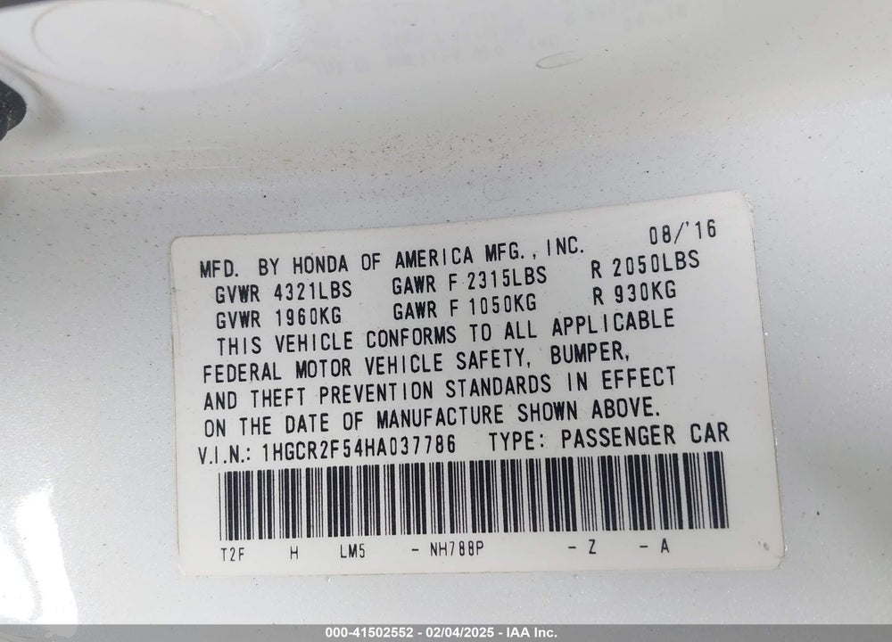 2017 HONDA ACCORD VIN: 1HGCR2F54HA037786