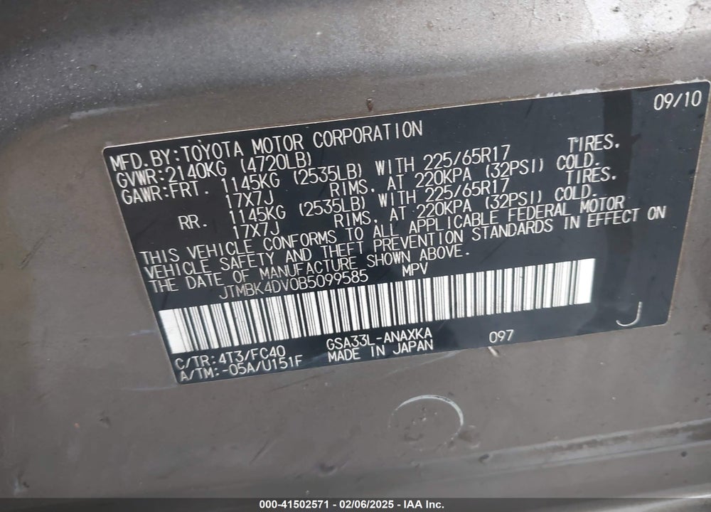 2011 TOYOTA RAV4 BASE V6 VIN: JTMBK4DV0B5099585