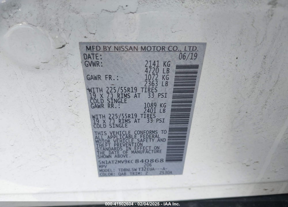 2019 NISSAN ROGUE SL VIN: 5N1AT2MV9KC840868