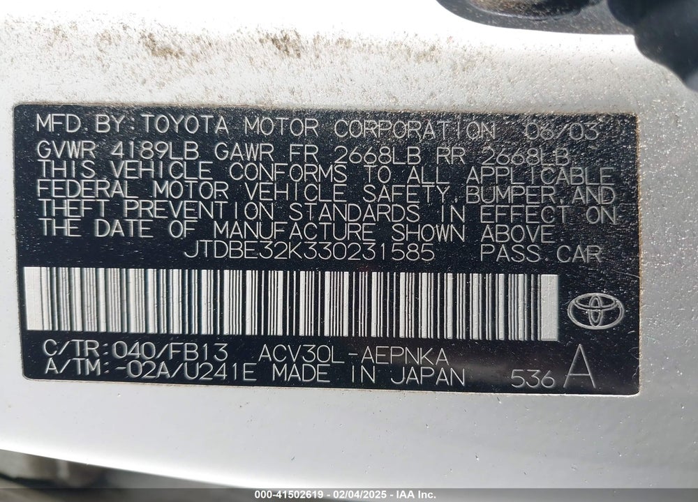 2003 TOYOTA CAMRY LE VIN: JTDBE32K330231585