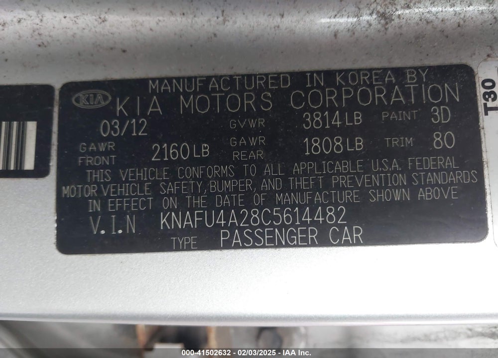 2012 KIA FORTE VIN: KNAFU4A28C5614482