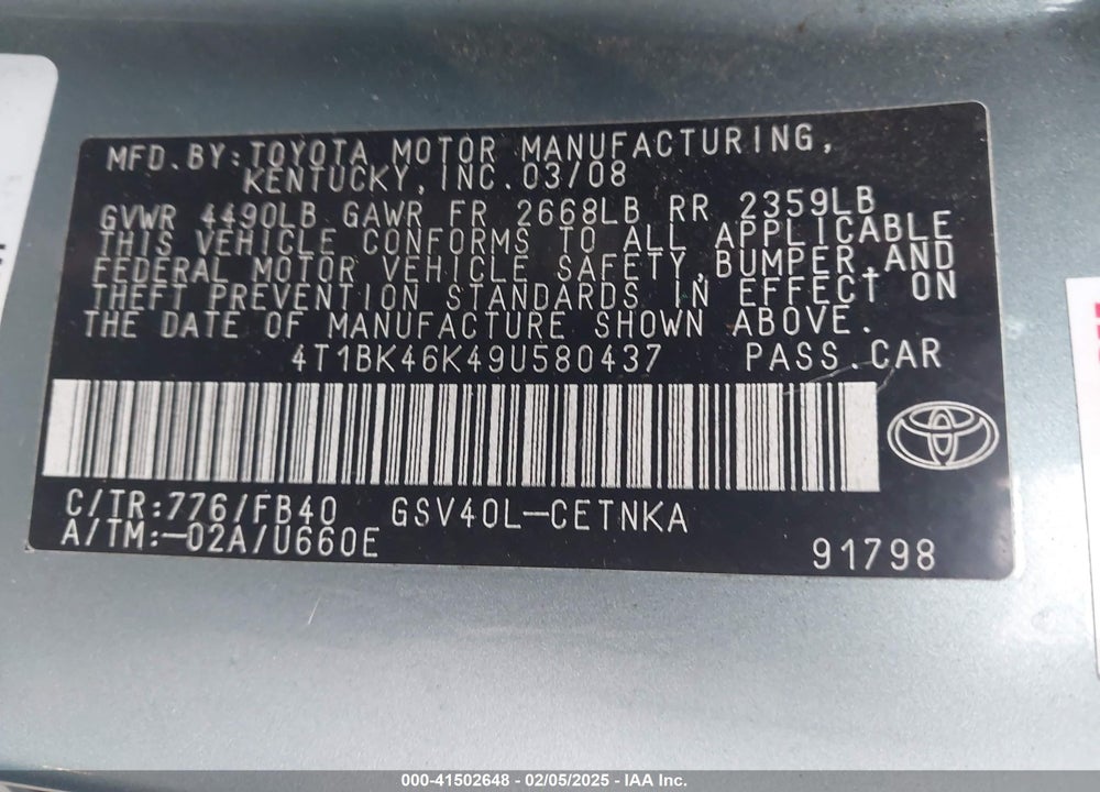 2009 TOYOTA CAMRY VIN: 4T1BK46K49U580437