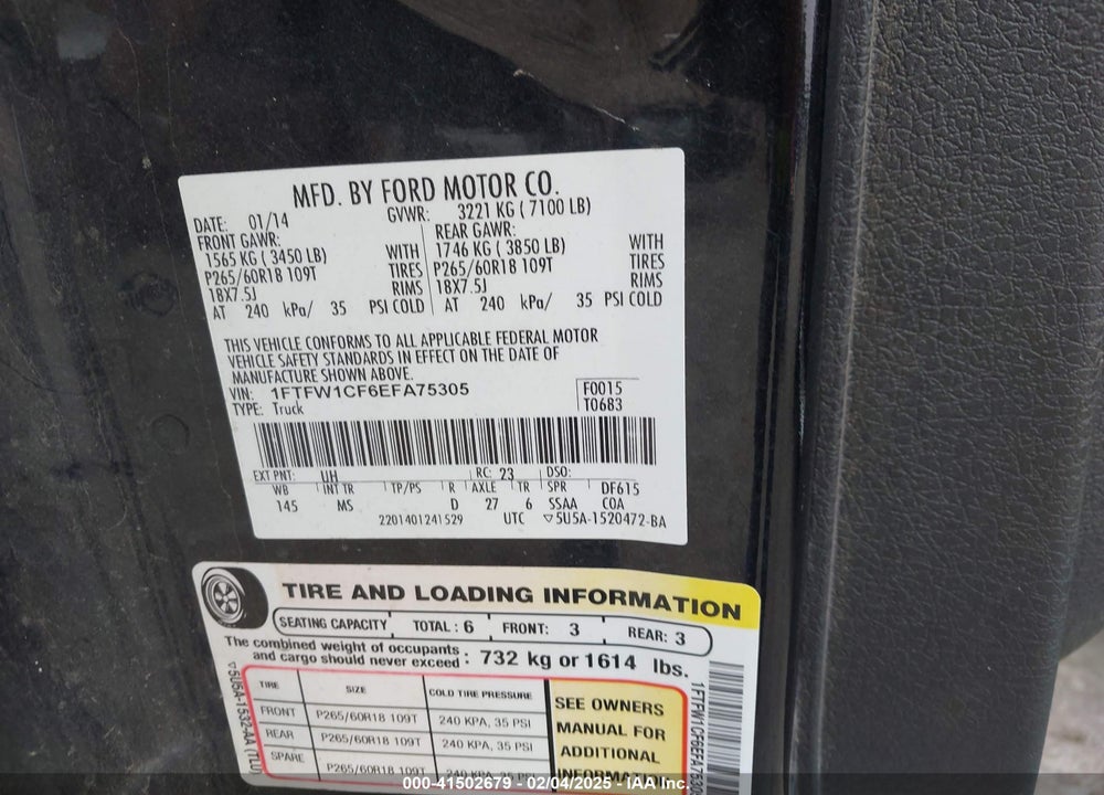 2014 FORD F-150 VIN: 1FTFW1CF6EFA75305