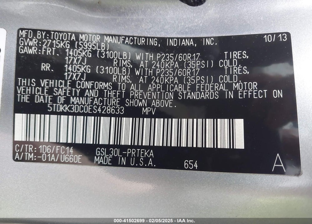 2014 TOYOTA SIENNA LE V6 8 PASSENGER VIN: 5TDKK3DC0ES428633