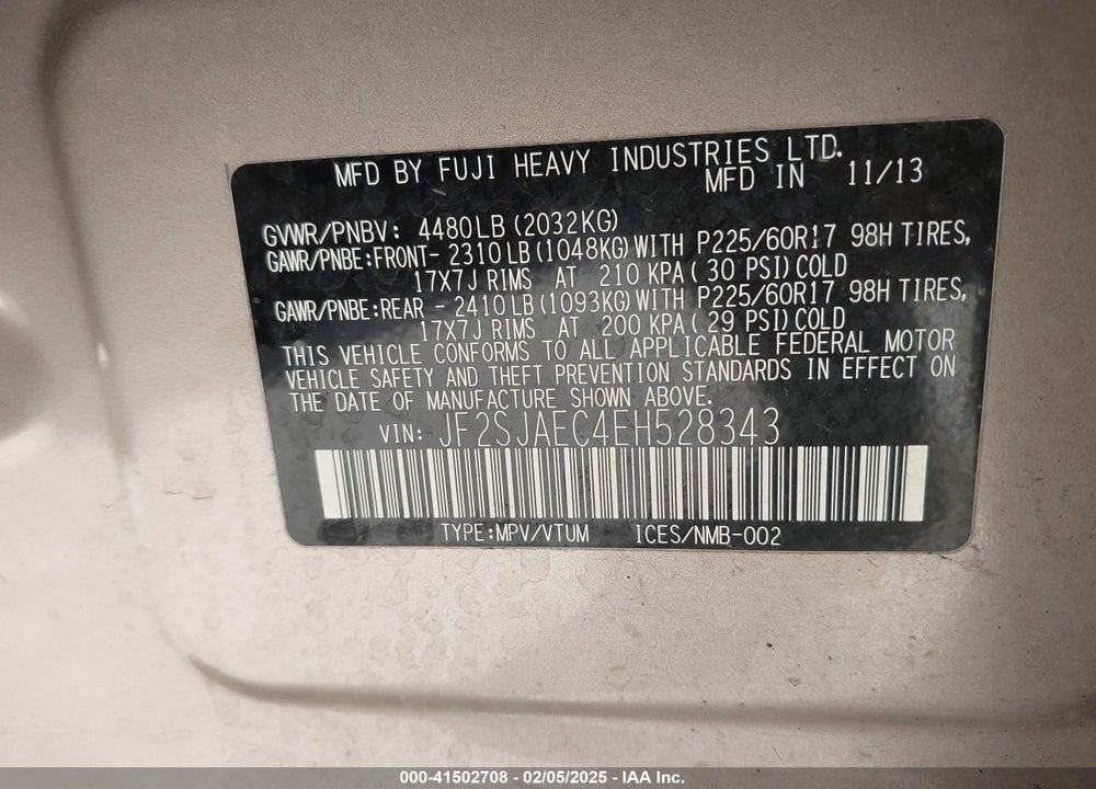 2014 SUBARU FORESTER 2.5I PREMIUM VIN: JF2SJAEC4EH528343