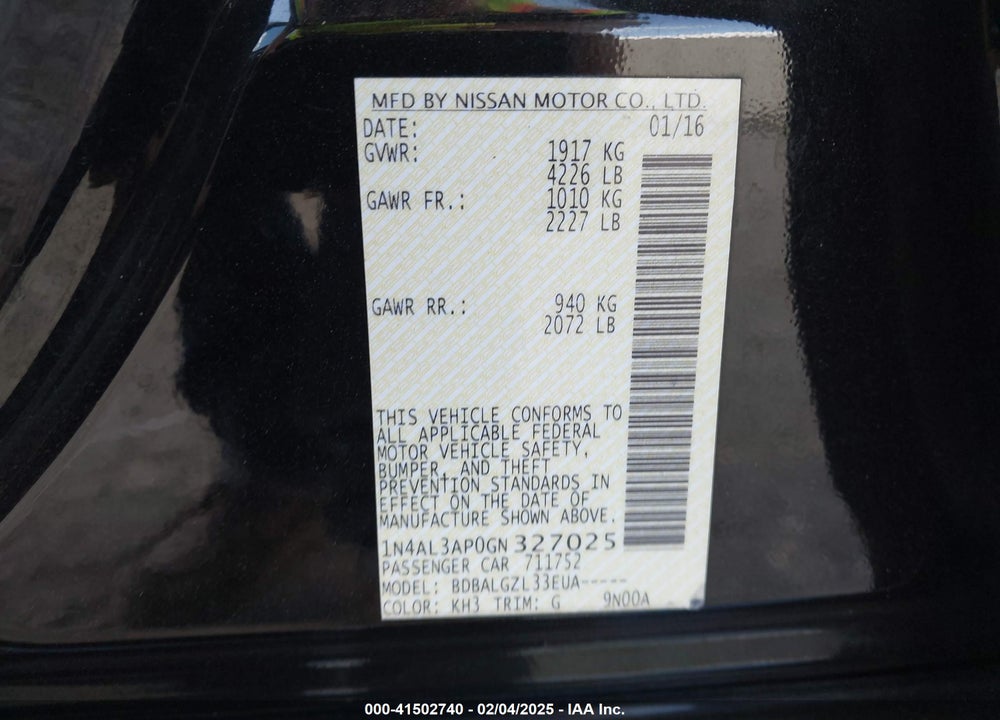 2016 NISSAN ALTIMA VIN: 1N4AL3AP0GN327025
