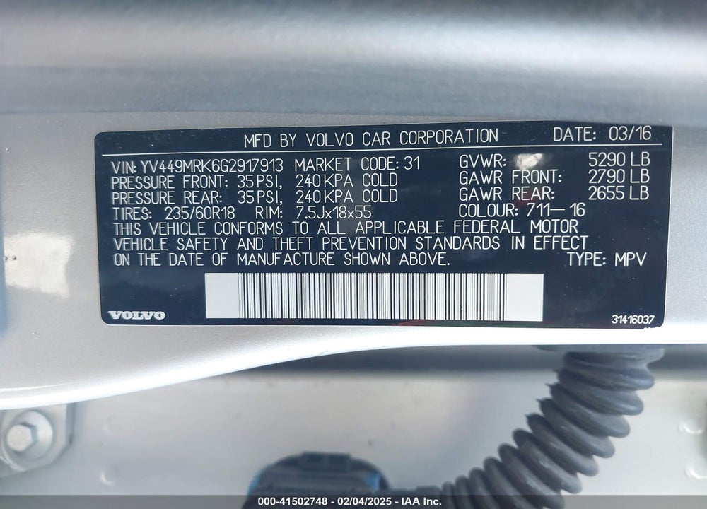 2016 VOLVO XC60 VIN: YV449MRK6G2917913