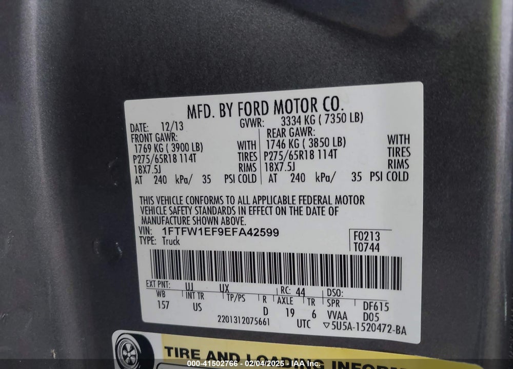 2014 FORD F-150 VIN: 1FTFW1EF9EFA42599