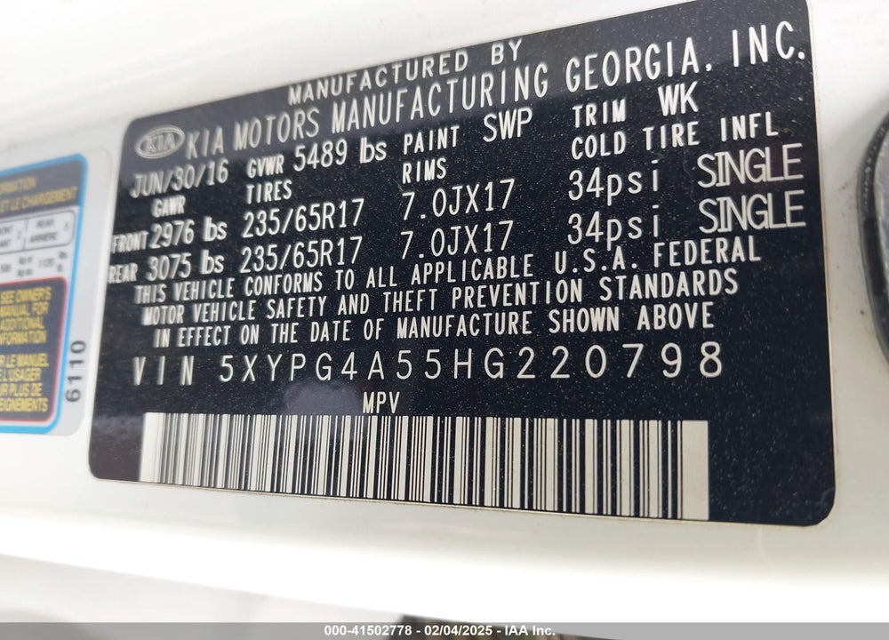 2017 KIA SORENTO VIN: 5XYPG4A55HG220798