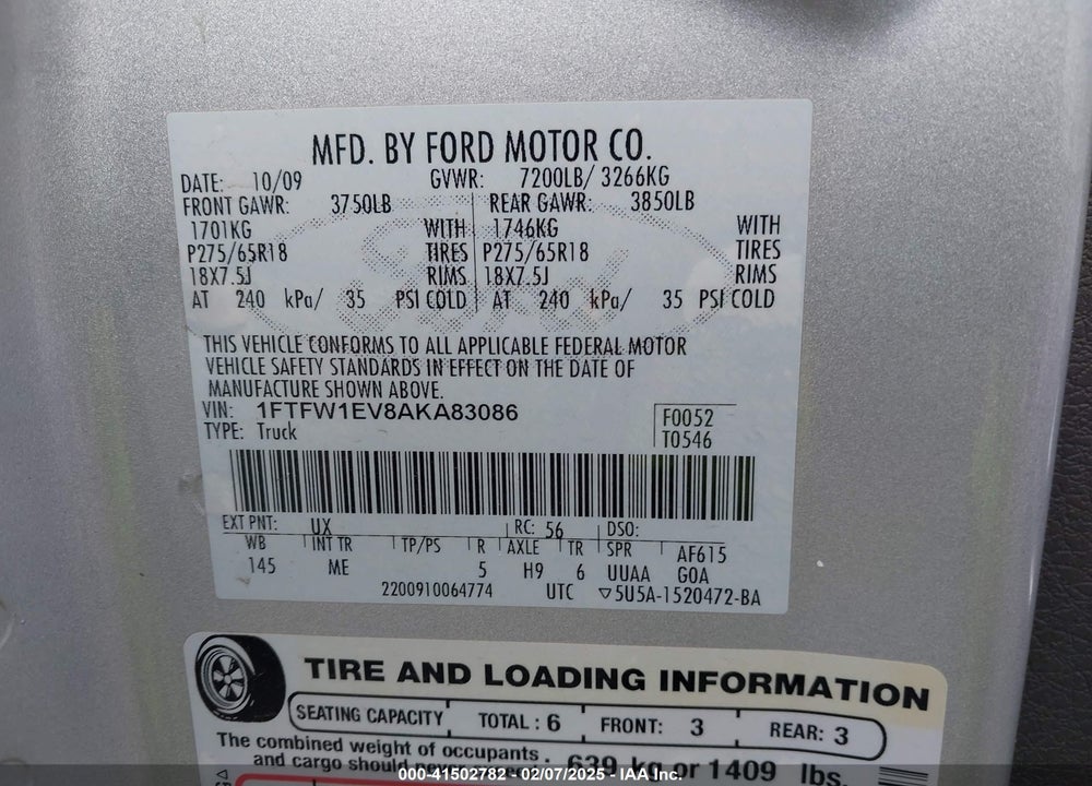 2010 FORD F-150 FX4/HARLEY-DAVIDSON/KING RANCH/LARIAT/PLATINUM/XL/XLT VIN: 1FTFW1EV8AKA83086