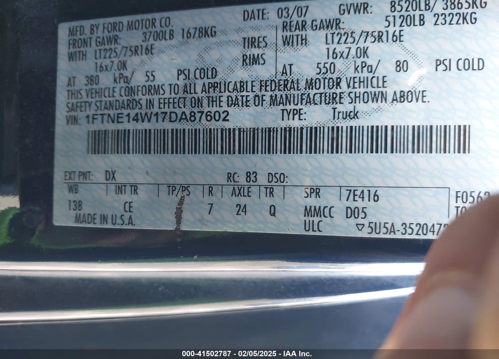 2007 FORD E-150 COMMERCIAL/RECREATIONAL VIN: 1FTNE14W17DA87602
