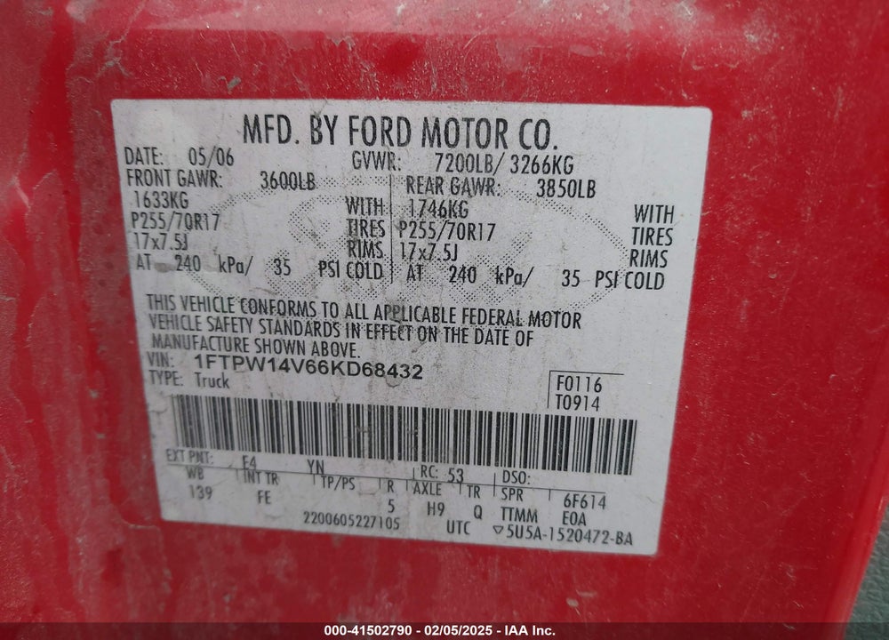 2006 FORD F-150 VIN: 1FTPW14V66KD68432