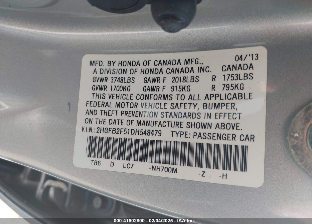2013 HONDA CIVIC VIN: 2HGFB2F51DH548479