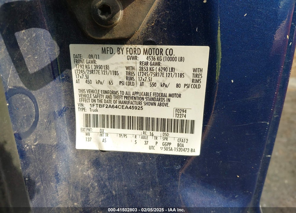 2012 FORD F-250 VIN: 1FTBF2A64CEA45925
