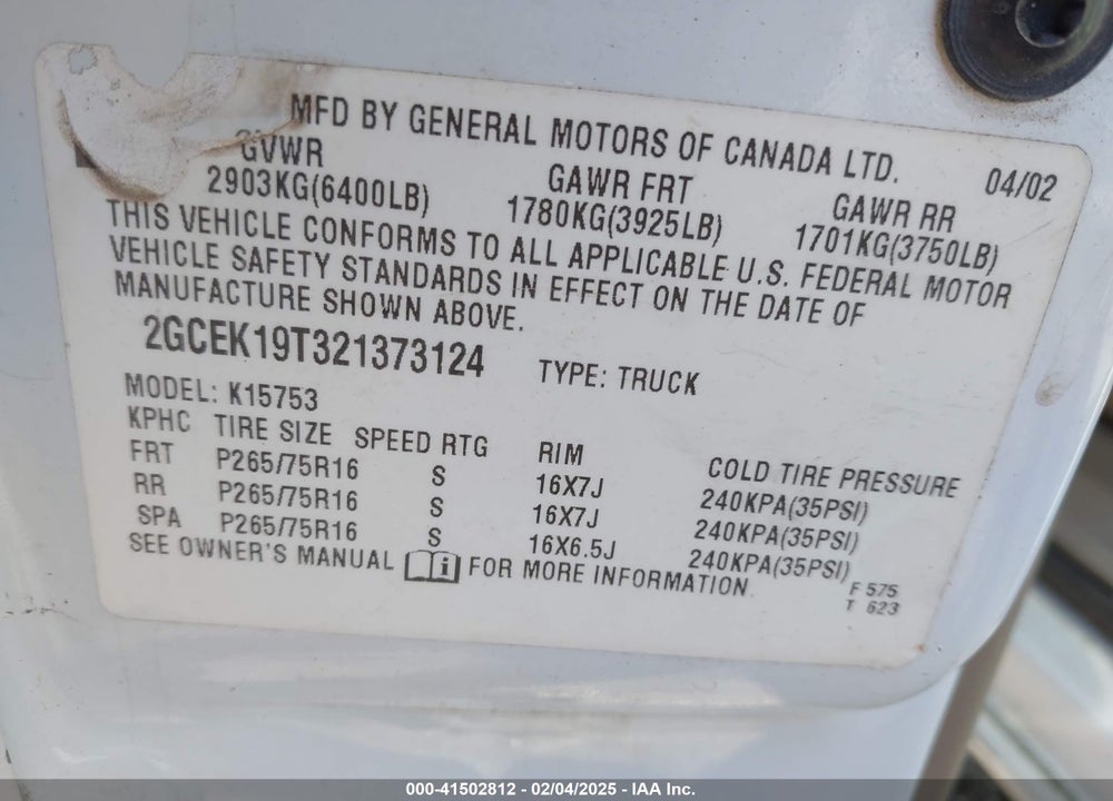 2002 CHEVROLET SILVERADO 1500 LT VIN: 2GCEK19T321373124
