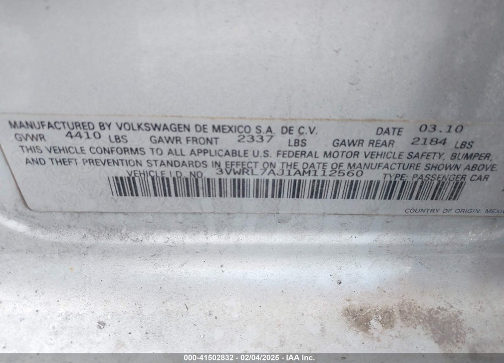 2010 VOLKSWAGEN JETTA VIN: 3VWRL7AJ1AM112560