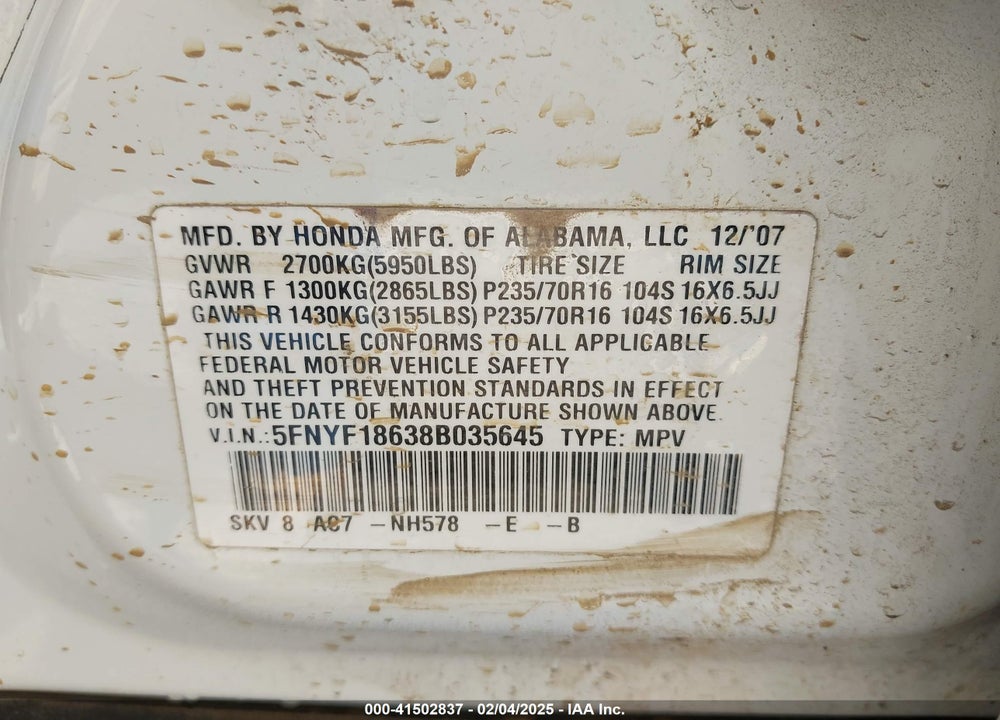 2008 HONDA PILOT VIN: 5FNYF18638B035645