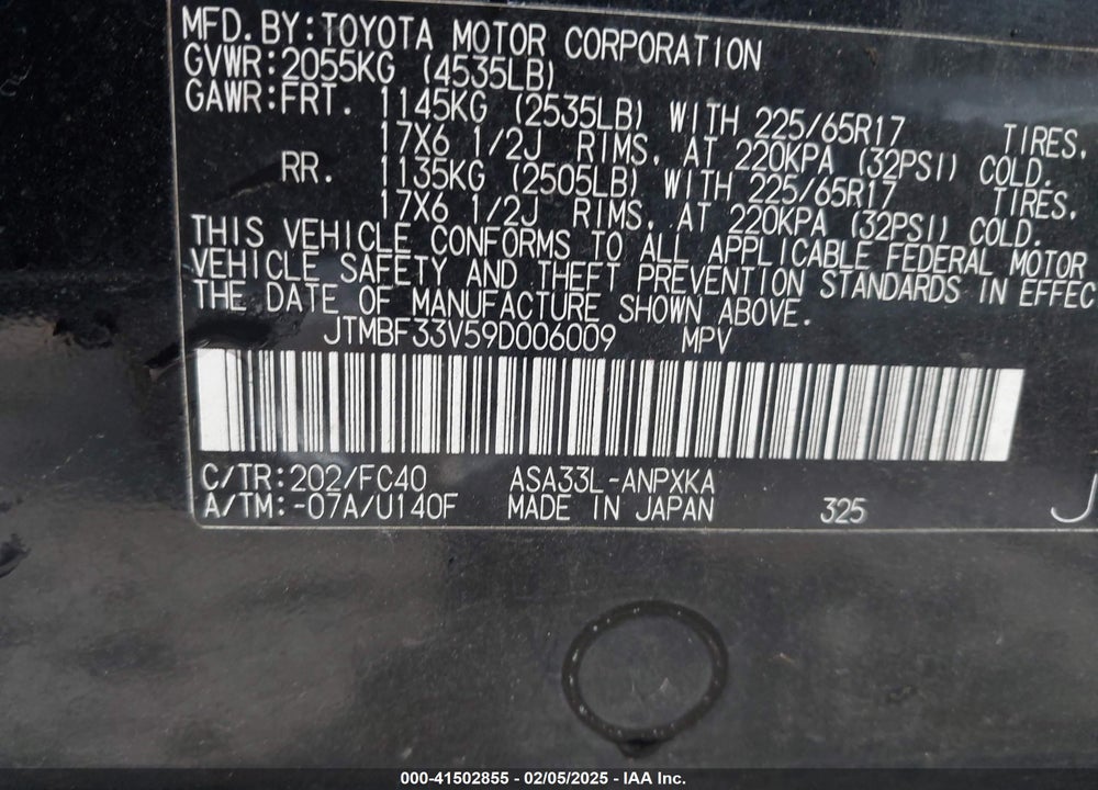 2009 TOYOTA RAV4 VIN: JTMBF33V59D006009