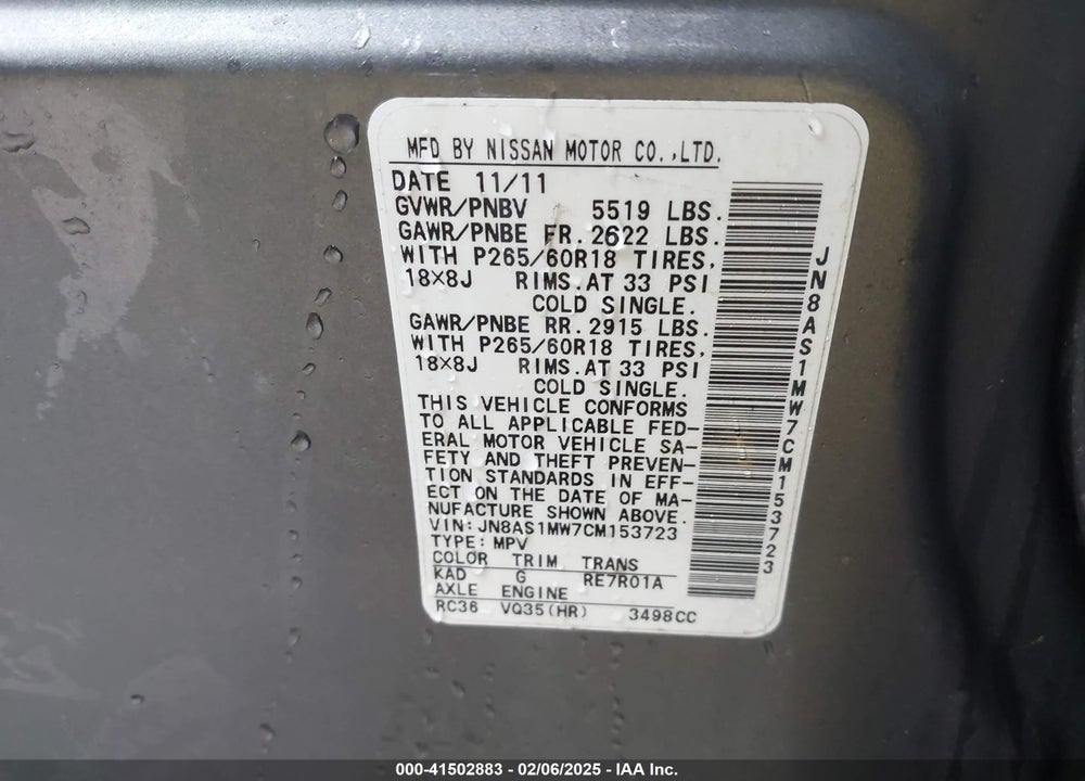 2012 INFINITI FX35 VIN: JN8AS1MW7CM153723