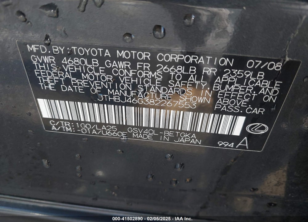 2008 LEXUS ES 350 VIN: JTHBJ46G382267553