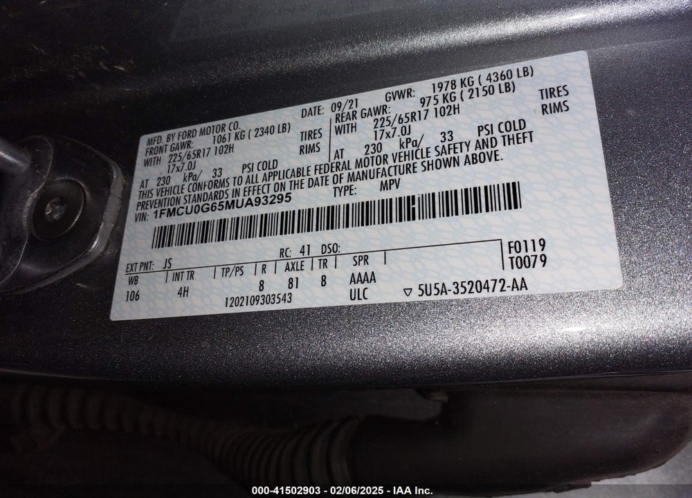 2021 FORD ESCAPE SE VIN: 1FMCU0G65MUA93295