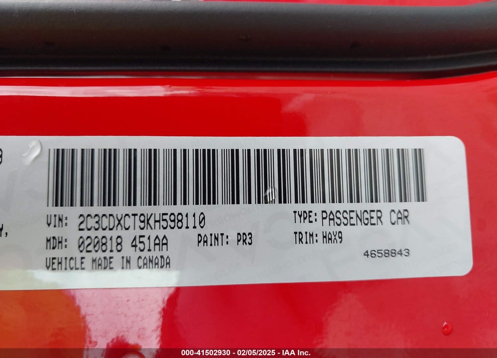2019 DODGE CHARGER VIN: 2C3CDXCT9KH598110