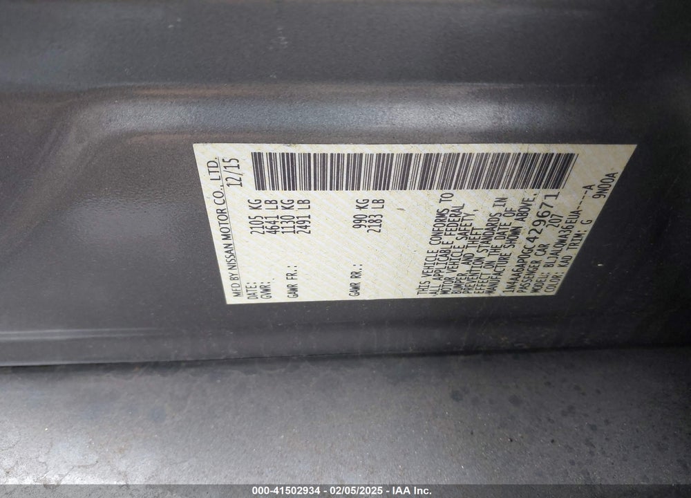 2016 NISSAN MAXIMA VIN: 1N4AA6AP0GC429671