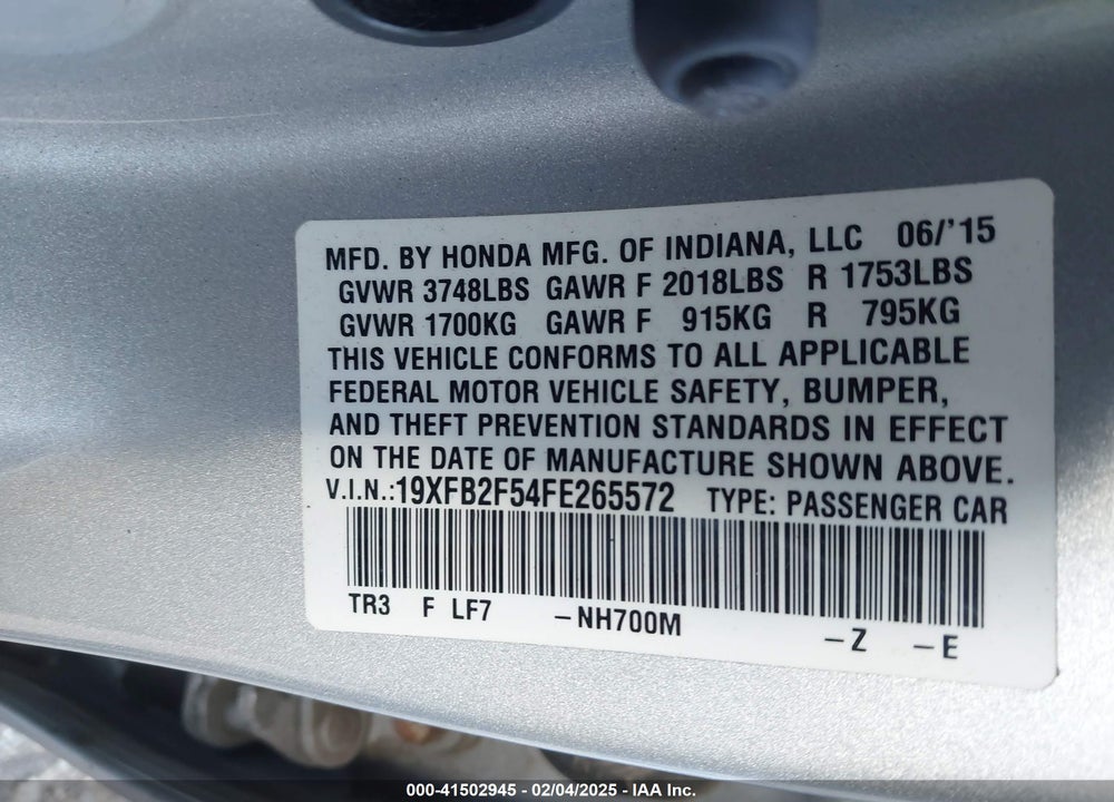 2015 HONDA CIVIC VIN: 19XFB2F54FE265572