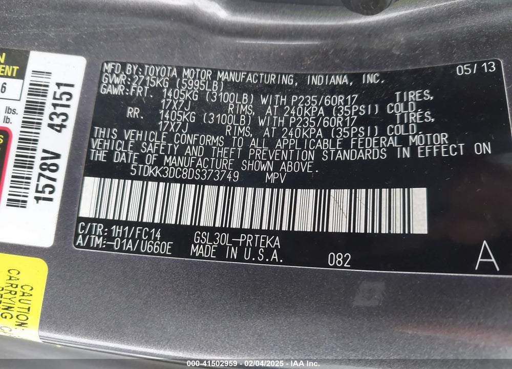 2013 TOYOTA SIENNA LE V6 8 PASSENGER VIN: 5TDKK3DC8DS373749
