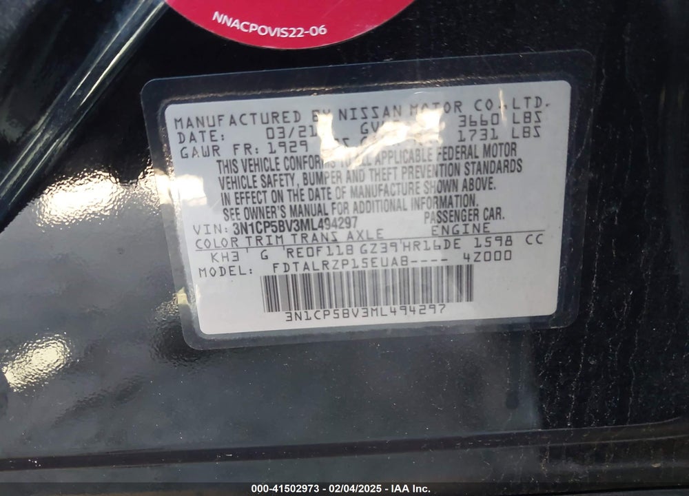 2021 NISSAN KICKS VIN: 3N1CP5BV3ML494297