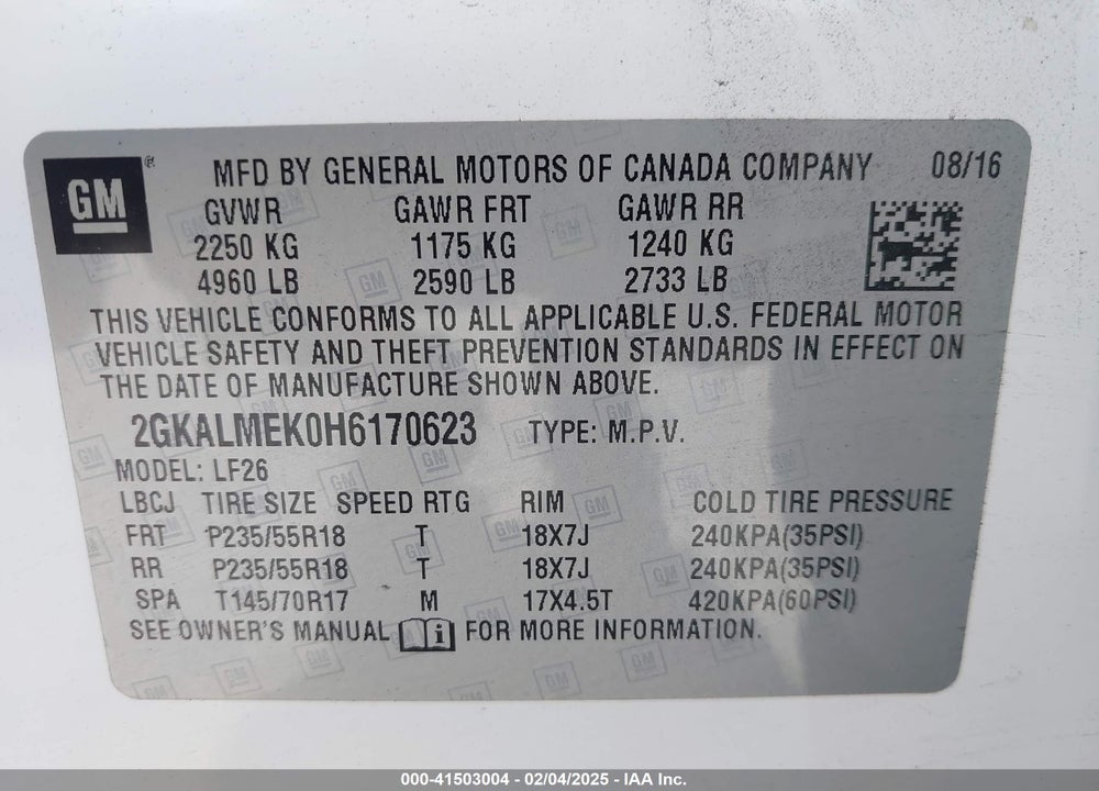 2017 GMC TERRAIN SLE-1 VIN: 2GKALMEK0H6170623