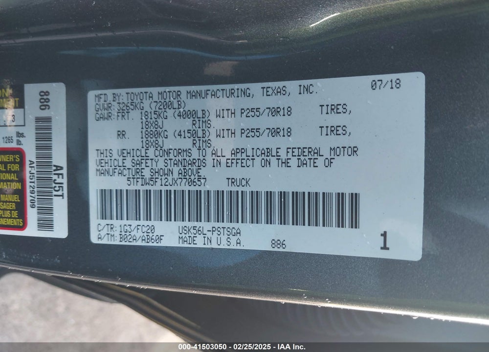 2018 TOYOTA TUNDRA VIN: 5TFDW5F12JX770657