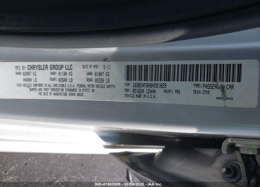 2011 DODGE AVENGER VIN: 1B3BD4FBXBN591829