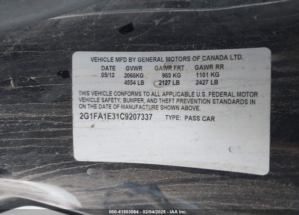 2012 CHEVROLET CAMARO 2LS VIN: 2G1FA1E31C9207337