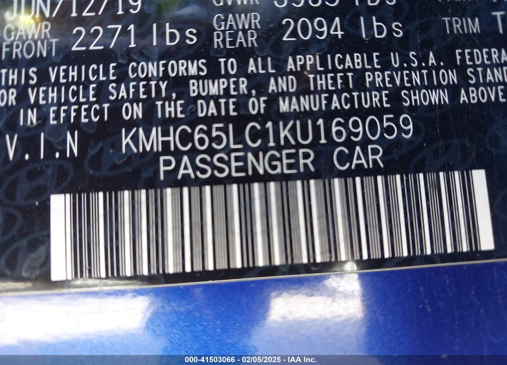 2019 HYUNDAI IONIQ VIN: KMHC65LC1KU169059