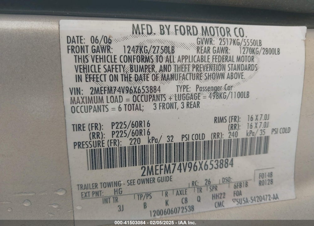 2006 MERCURY GRAND MARQUIS VIN: 2MEFM74V96X653884