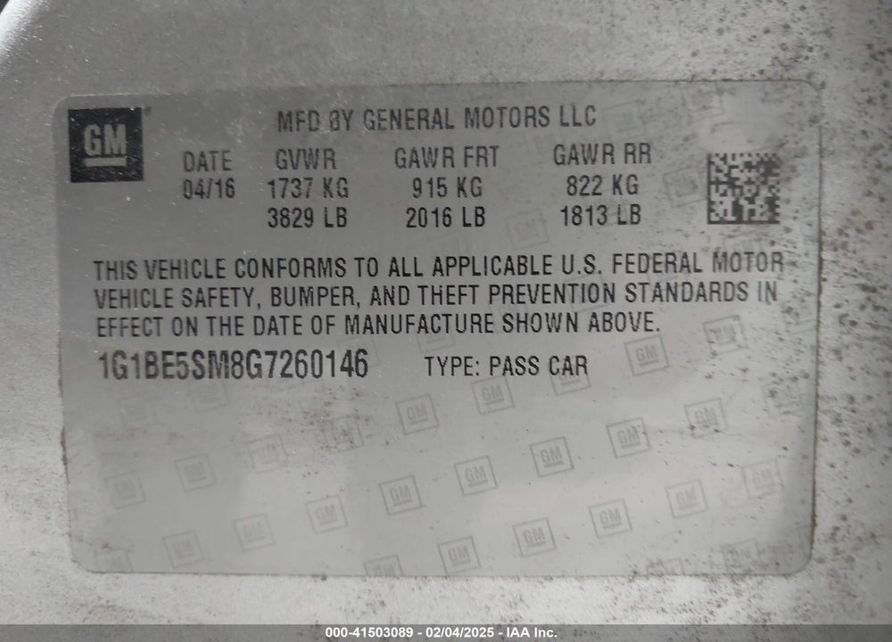 2016 CHEVROLET CRUZE LT AUTO VIN: 1G1BE5SM8G7260146